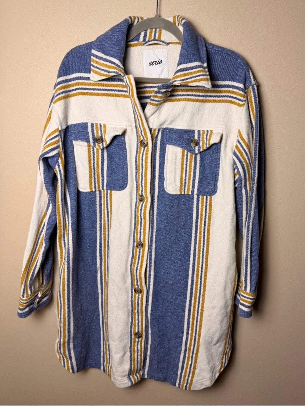 Aerie Oversized Flannel Shacket Jacket Cream Blue Stripe Cotton Size M - Picture 6 of 13